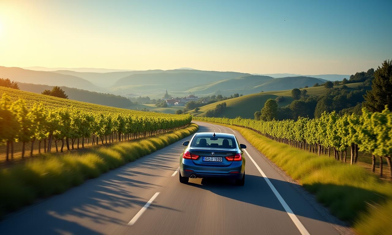 A car driving through the scenic landscape of East Moravia.
